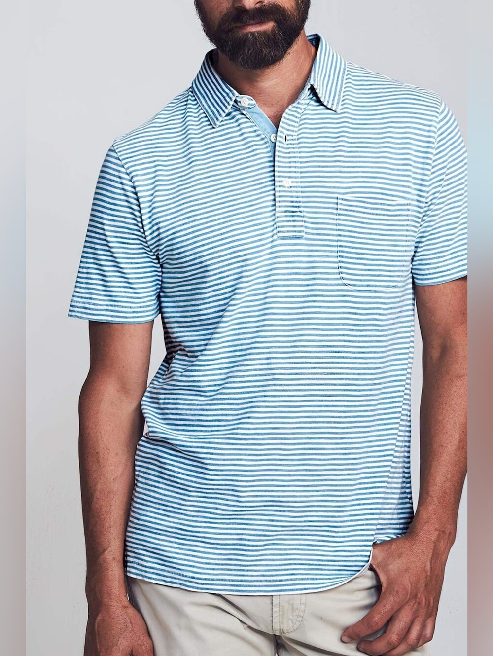 Faherty Short-Sleeve Indigo Polo Medium Striped Blue And White Short Sleeve